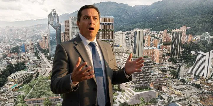 Imagen render del centro de Bogotá mas hombre con gesto de sorpresa