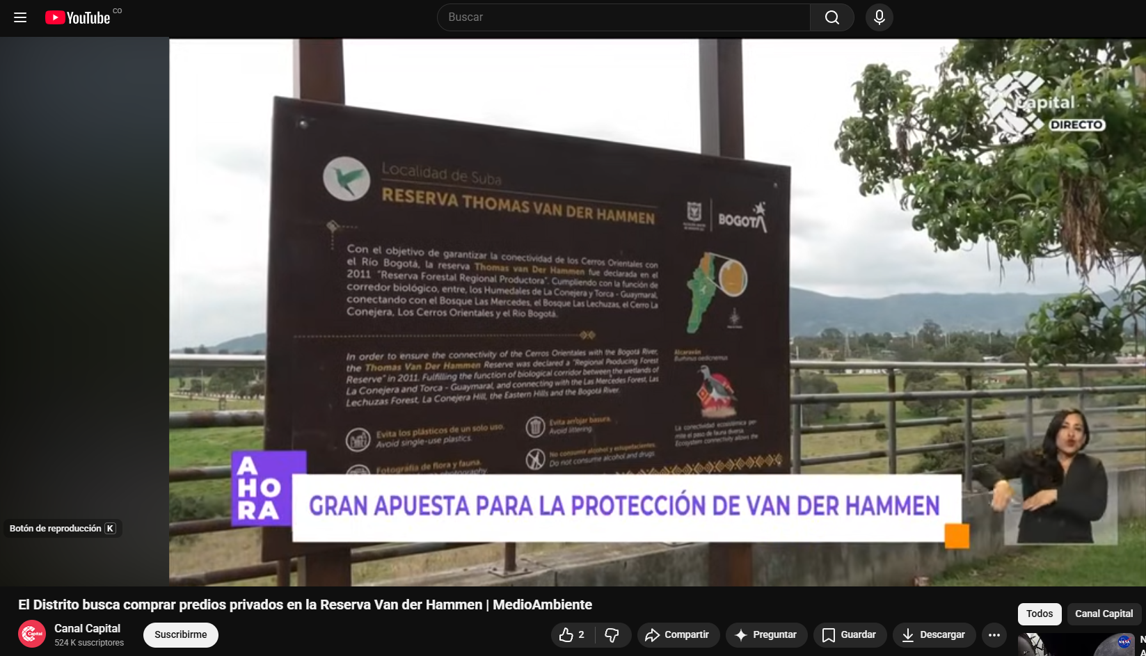 Captura de pantalla noticia en youtube reserva Van der Hammen