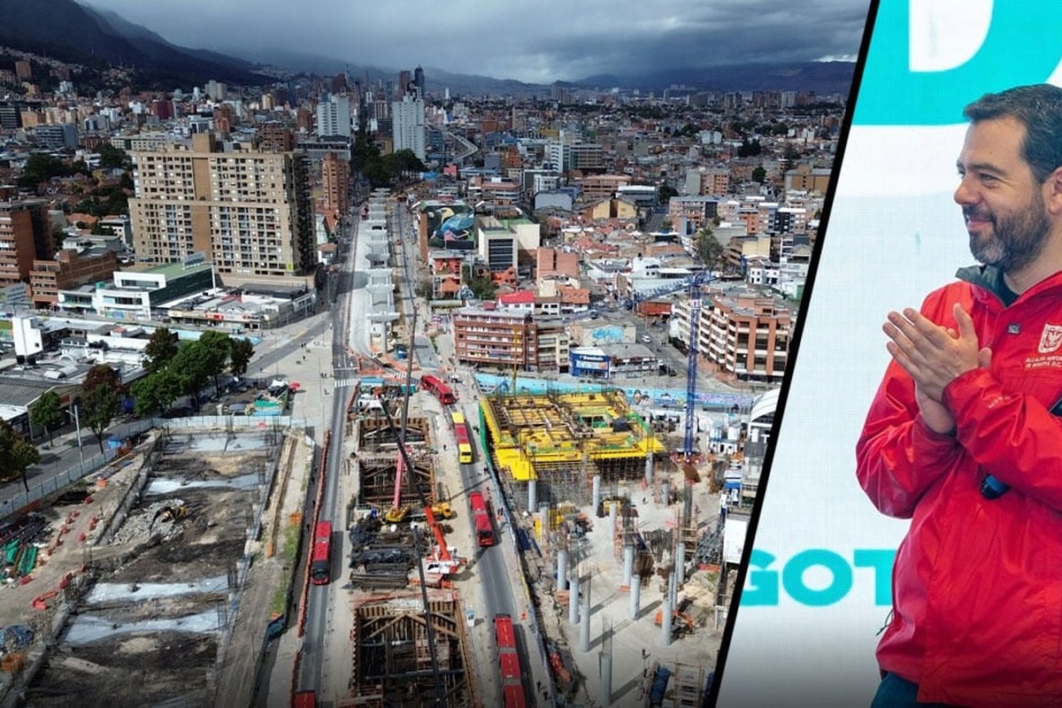 Imagen dividida: a la izquierda vista aérea urbana con muchos edificios, una avenida, buses rojos y gran obra en construcción; a la derecha un hombre con barba, chaqueta roja, aplaudiendo.