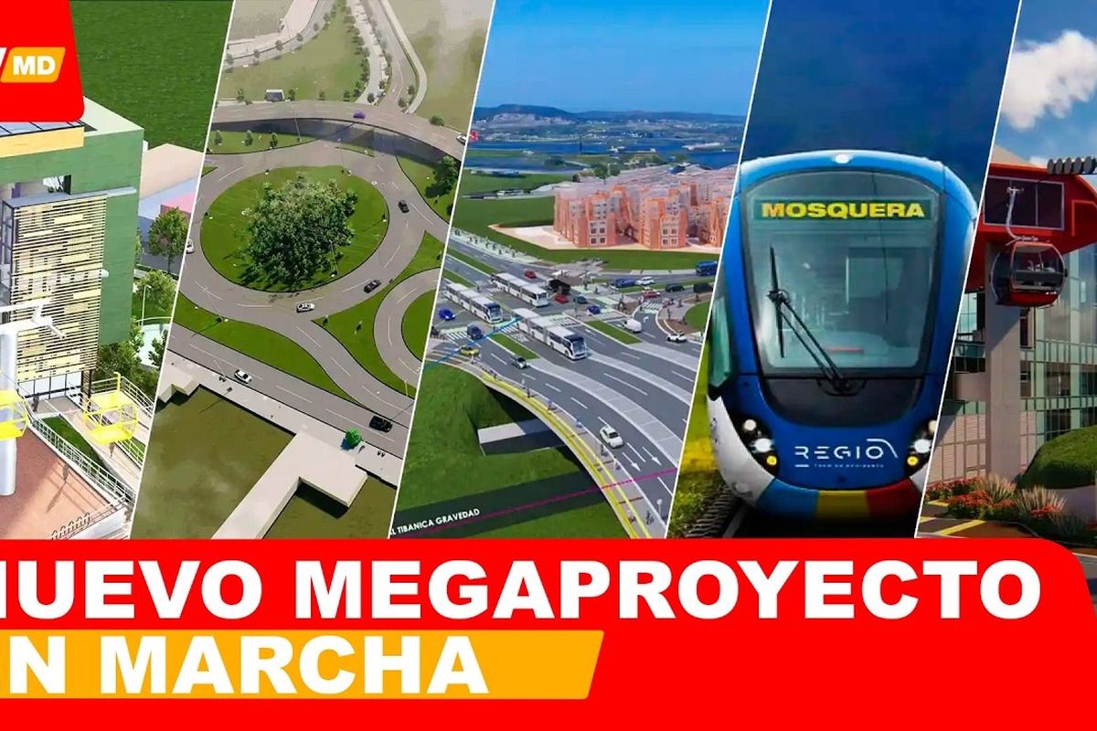 Collage de renders urbanos: edificio con teleférico, glorieta, autopistas, barrio residencial, tren azul con letrero “Mosquera” y cabina de cable rojo. Texto grande: “NUEVO MEGAPROYECTO EN MARCHA”.